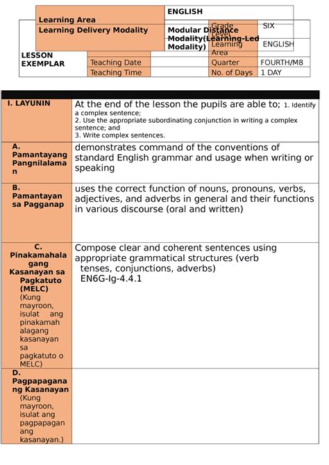 Cot English 6 M 8 Q4 Lesson Exemplar School Grade Level Six Teacher Learning Area English