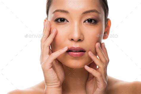 Tender Naked Asian Girl With Clean Face Isolated On White Stock Photo