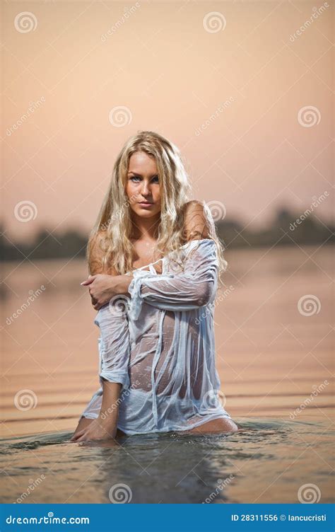 Blonde Woman In Lingerie In A River Water Stock Photo Image Of