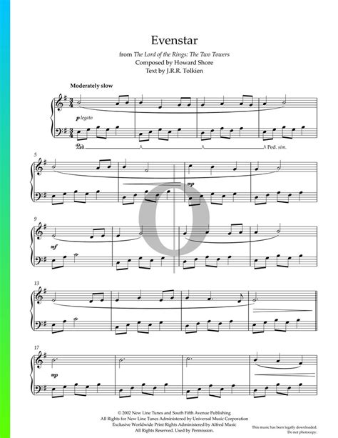 Evenstar Piano Sheet Music From The Lord Of The Rings The Two Towers