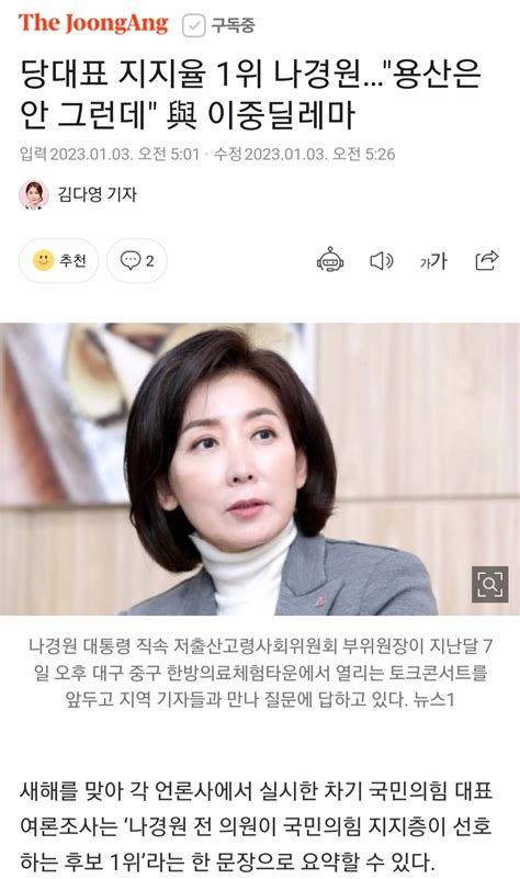 중앙 당대표 지지율 1위 나경원용산은 안 그런데 與 이중딜레마 정치시사 에펨코리아