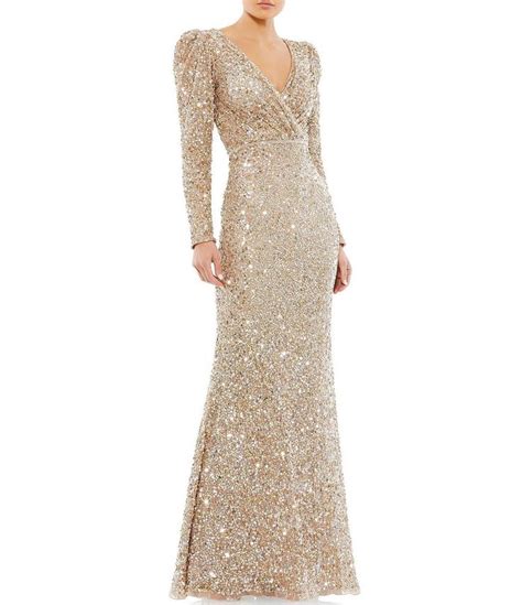 Mac Duggal Sequin Surplice V Neck Long Puff Sleeve Faux Wrap Gown