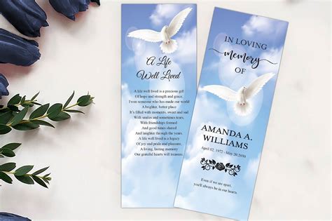 Editable Funeral Bookmark Template Blue Sky White Dove Obituary