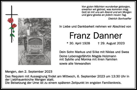 Traueranzeigen Von Franz Danner Schwaebische De Trauerportal