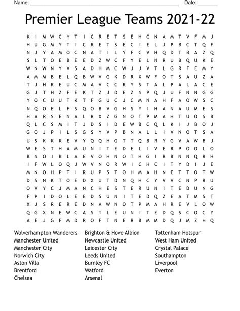 Premier League Teams Word Search WordMint