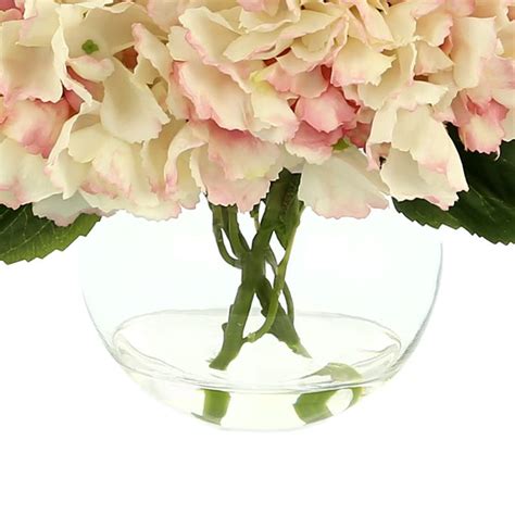 Faux Pink Tipped Hydrangea Floral Arrangement In A Clear Glass Bubble