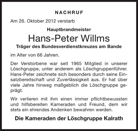 Traueranzeigen Von Hans Peter Willms Aachen Gedenkt