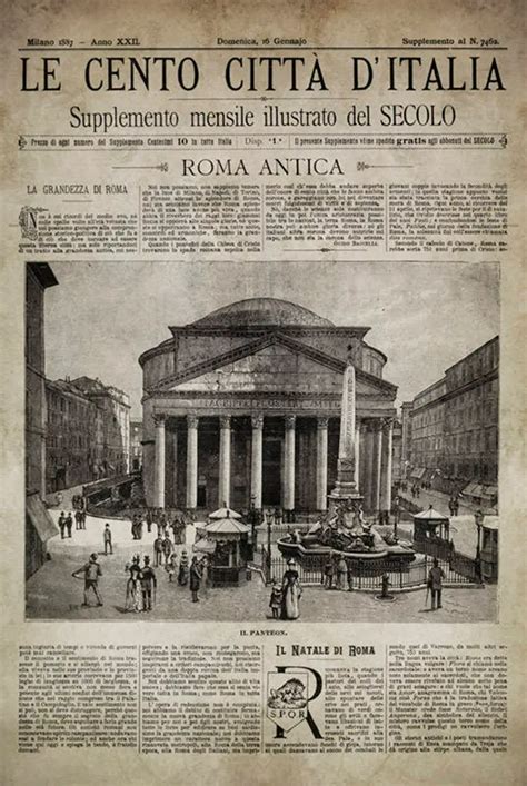 Vintage Italian Newspaper Rome Vintage Pantheon Circa 1887 Old