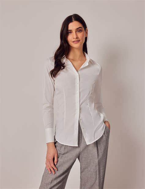 Womens White Fitted Cotton Stretch Shirt Single Cuffs Hawes And Curtis