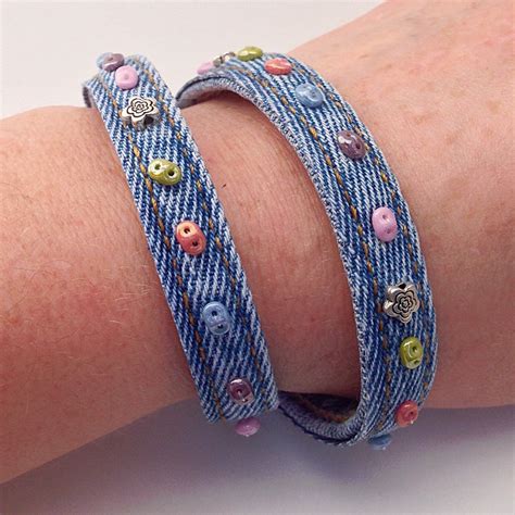 Blue Denim Jean Beaded Cuff Bracelet Double Wrap Around Seams Recycled