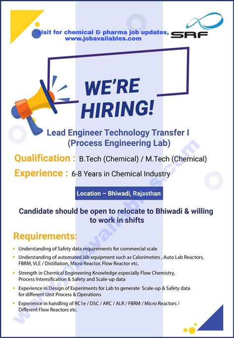 Srf Job Opening For Btech Mtech Chemical Lead Engineer Technology