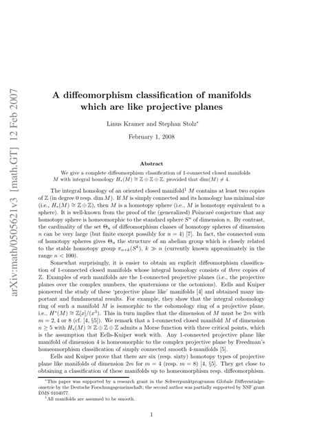 (PDF) A diffeomorphism classification of manifolds which are like projective planes