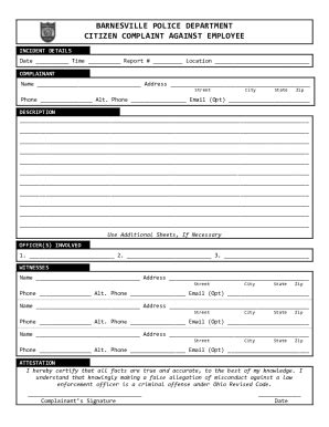 Fillable Online BARNESVILLE POLICE DEPARTMENT CITIZEN COMPLAINT AGAINST