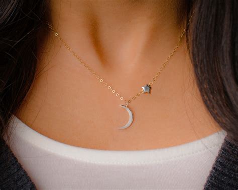 Crescent Moon Necklace Moon And Star Necklace Mixed Metal