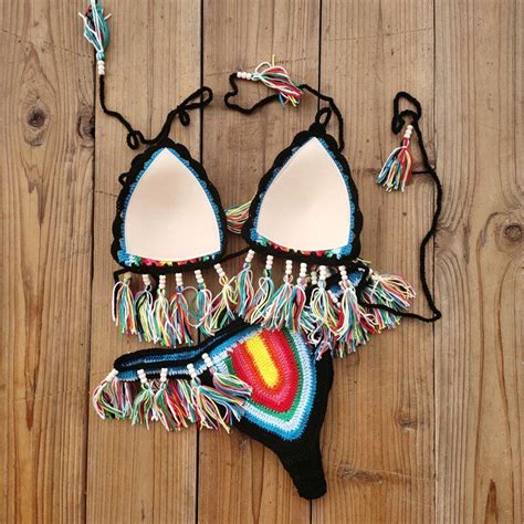 Handmade Crochet Bikini Set Rainbows Rasta Tassel Women Swimwear Push