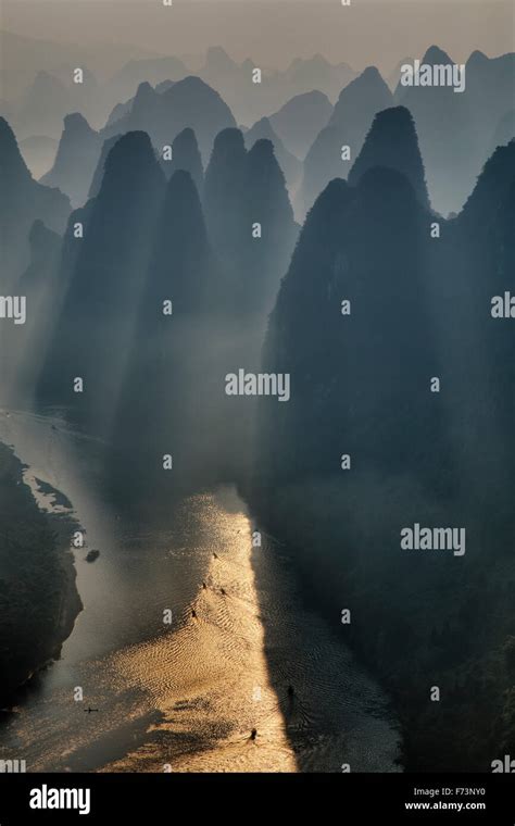 Limestone Karst Formations And River Li At Dawn Guilin Region Guangxi