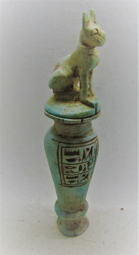 Beautiful Ancient Egyptian Glazed Faience Vessel With Bastet On Top