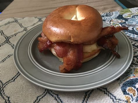 Maple Bacon Egg Cheese And Bagel Sandwich Bacon Was Baked In Oven With Pancake Syrup For