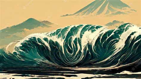 Premium Photo | Powerful tsunami waves painting in japanese style