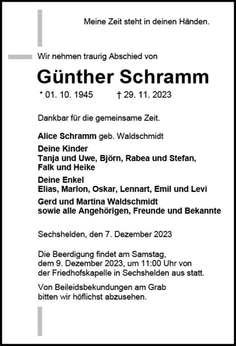 Traueranzeigen von Günther Schramm vrm trauer de