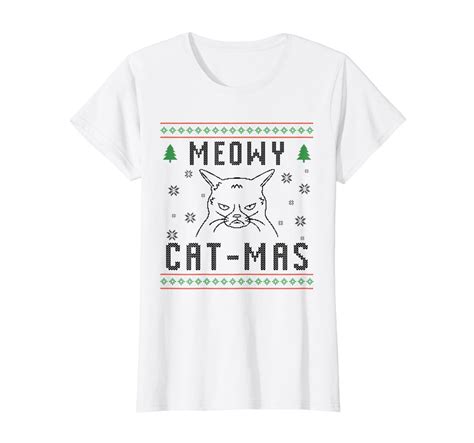 Meowy Catmas Christmas Pun Ugly Cat Meme Funny Grumpy Kitten T Shirt