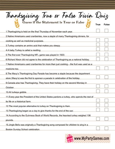 Free Printable Thanksgiving True Or False Trivia Quiz