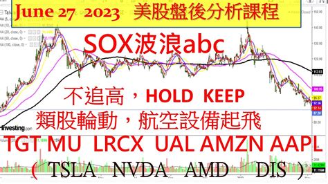 美股盤後課程！sox波浪abc，不追高，hold Keep類股輪動，航空設備起飛tgt Mu Lrcx Ual Amzn Aapl Tsla