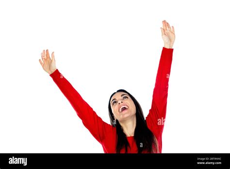 Attractive Mature Woman Wearing Red Jersey Isolated On A White Background Stock Photo Alamy