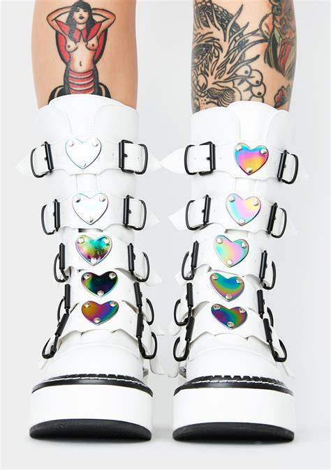 Demonia Oil Slick Iridescent Heart Buckle Platform Boots White Dolls Kill