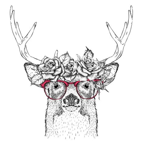 Hand Draw Portrait Of Deer Wearing A Wreath Of Flowers Vector