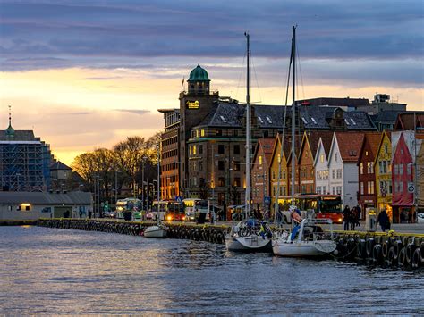 Photo Bergen Norway Rivers Evening Marinas Houses Cities X