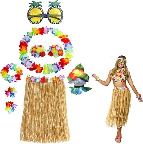 Set Costume Hawaiano Hula Gonna In Erba Con Fiori Costume Set