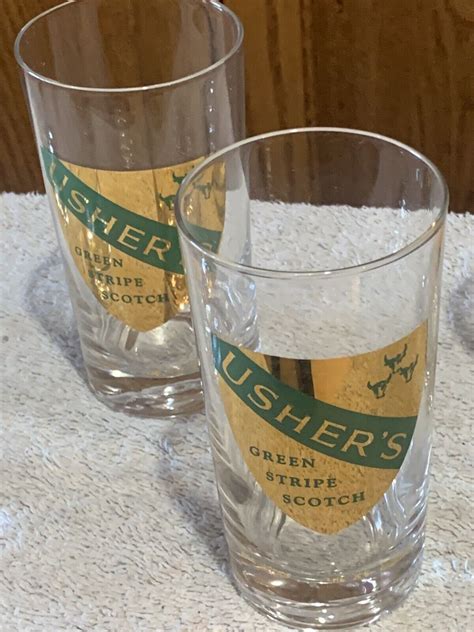 Set Of 5 Vintage Ushers Green Stripe Scotch Drinking Glass Edinburgh