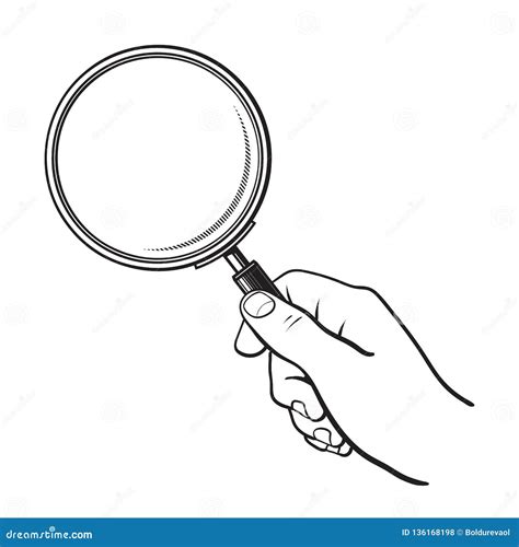 Hand Holding Magnifying Glass Search And Analysis Concept Black And White Sketch Stock Vector