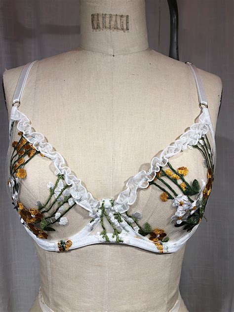 Boudoir Lingerie Bridal Lingerie Embroidered Sheer Bra Vintage Inspired White Flower