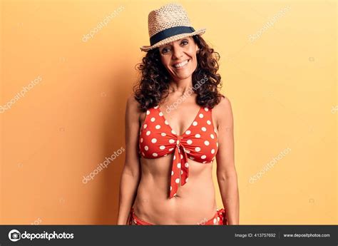 Middle Age Beautiful Woman Wearing Bikini Summer Hat Looking Positive Stock Photo By