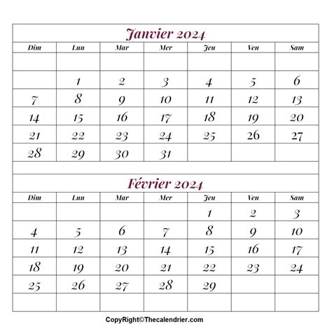 Imprimer Calendrier Janvier Février 2024 2 Mois Calendrier