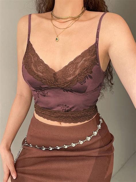 Emmiol Free Shipping 2023 Floral Lace Paneled Satin Crop Cami Top Brown