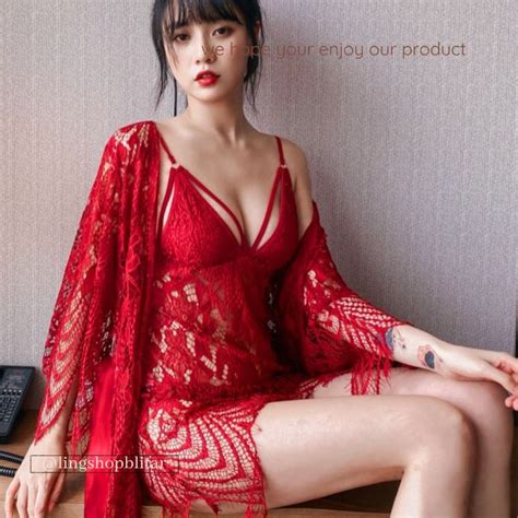 Jual Kimono Jumbo Lingerie Seksi Set Sleeves Brukat Merah Shopee Indonesia