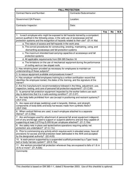 Fall Protection Checklist Usace