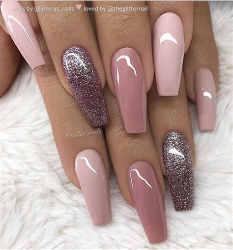 50 Pretty French Pink Ombre And Glitter On Long Acrylic Coffin Nails