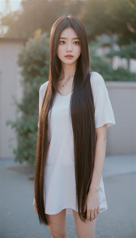 girl super long hair straight hair casual outfit seaart ai