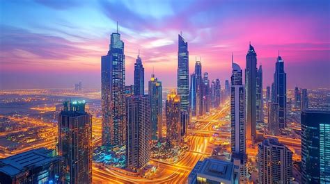 Aerial View Of Dubai Skyline At Sunset With Burj Khalifa The Tallest