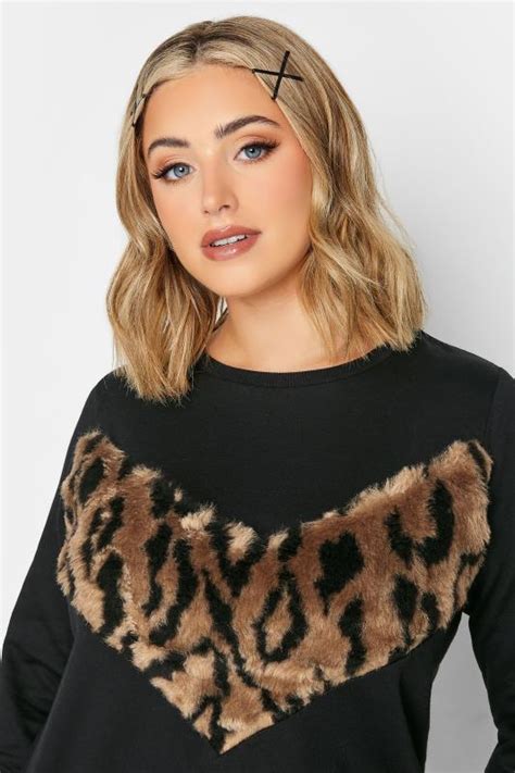 Plus Size Black Leopard Print Faux Fur Panel Sweatshirt Yours Clothing