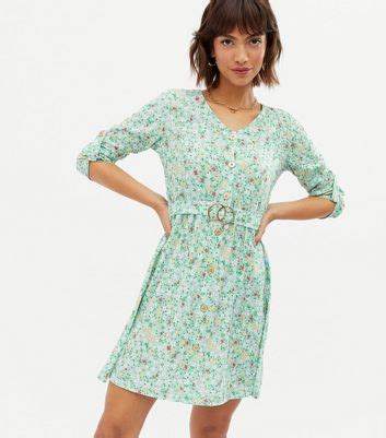 Mela Green Ditsy Floral Belted Mini Shirt Dress New Look