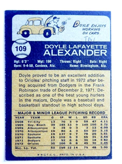 Doyle Alexander 109 Topps 1973 Baseball Card Baltimore Orioles VG