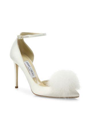 Jimmy Choo Rosa 100 Fox Fur Pom Pom Satin D Orsay Ankle Strap Pumps