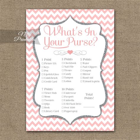 Printable What S In Your Purse Game Pink Silver Chevron