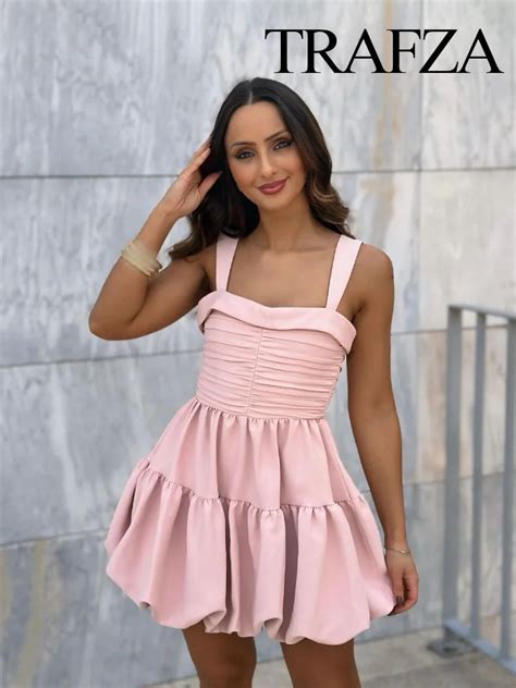 TRAFZA Summer Fashion Women Slim Dress Pink Square Collar Sleeveless