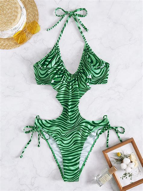 Wave Striped Ruffle Trim Knot Side Halter One Piece Swimsuit Shein Usa